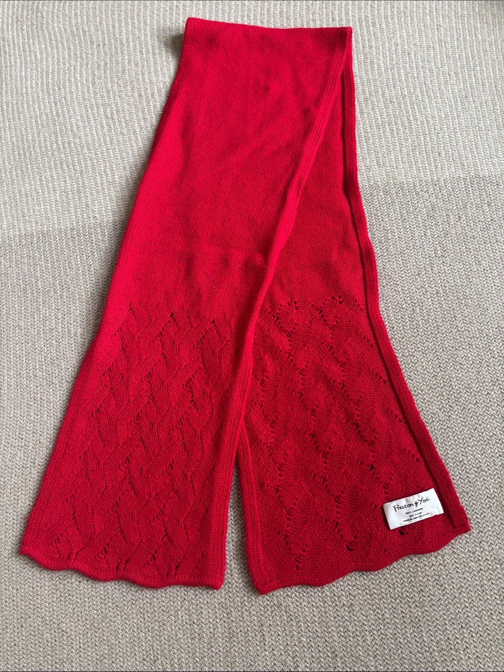 Preston & York Red Knit Cashmere Scarf with Scalloped Edges